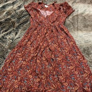 Knox Rose rust multi short sleeve mock wrap dress size M